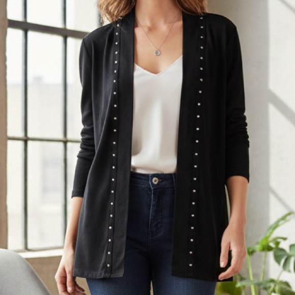 Rafaella Sweaters - Studded Open Front Rafaella Black Cotton Knit Cardigan Size MP Petite Medium